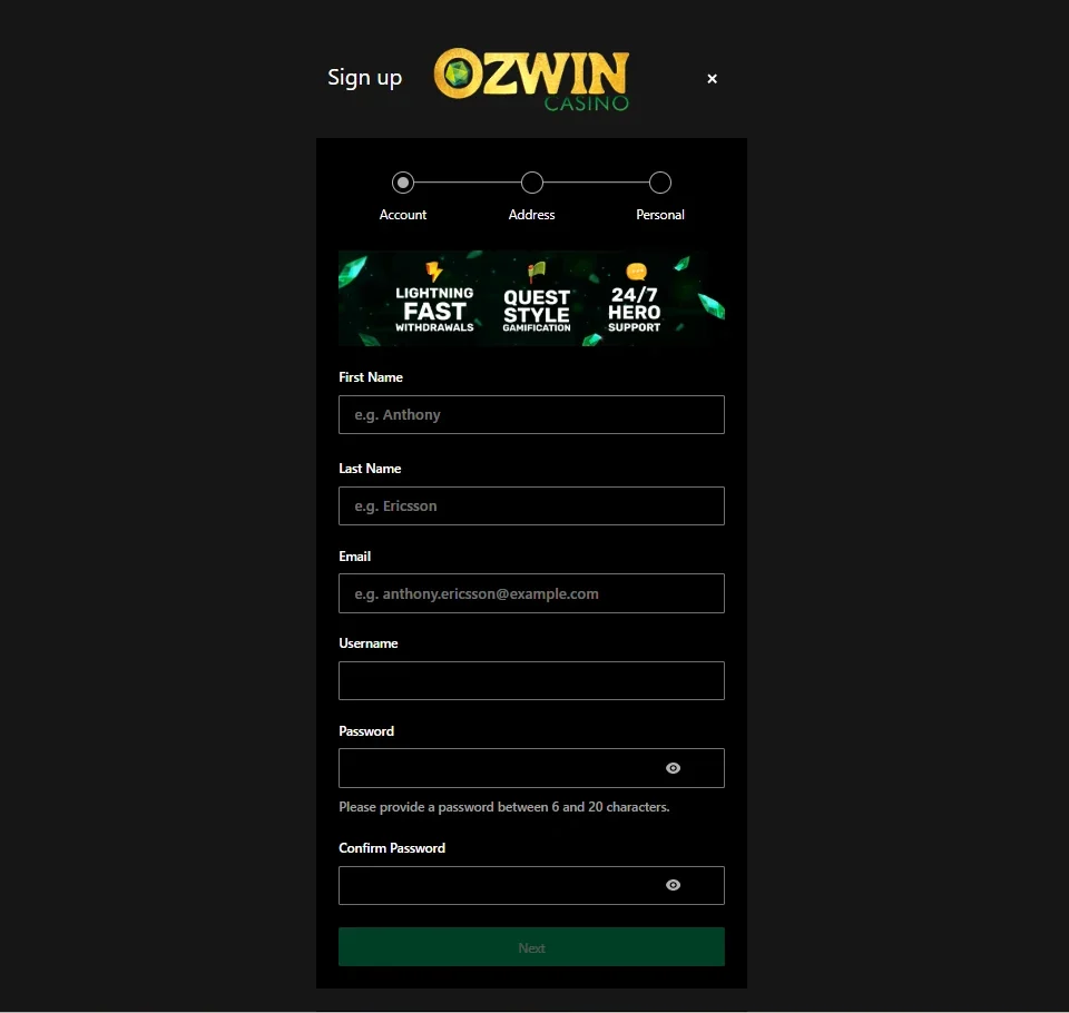Ozwin Casino sign up